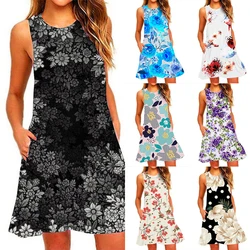 Europe and The United States New 2023 Summer Elegant Sleeveless Dress Over The Head Printed High Temperament Short Dresses Women