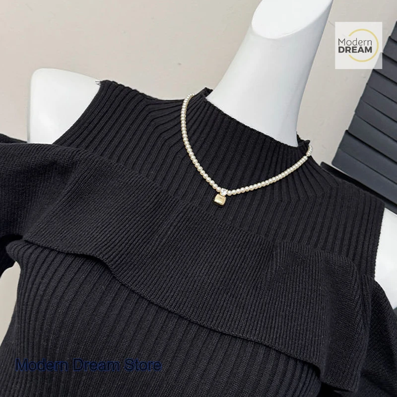 سترة فرنسية نقية مكشوفة الكتف بأكمام طويلة للنساء للربيع والخريف على الطراز الغربي قميص قاع نحيف يقلل من العمر #3