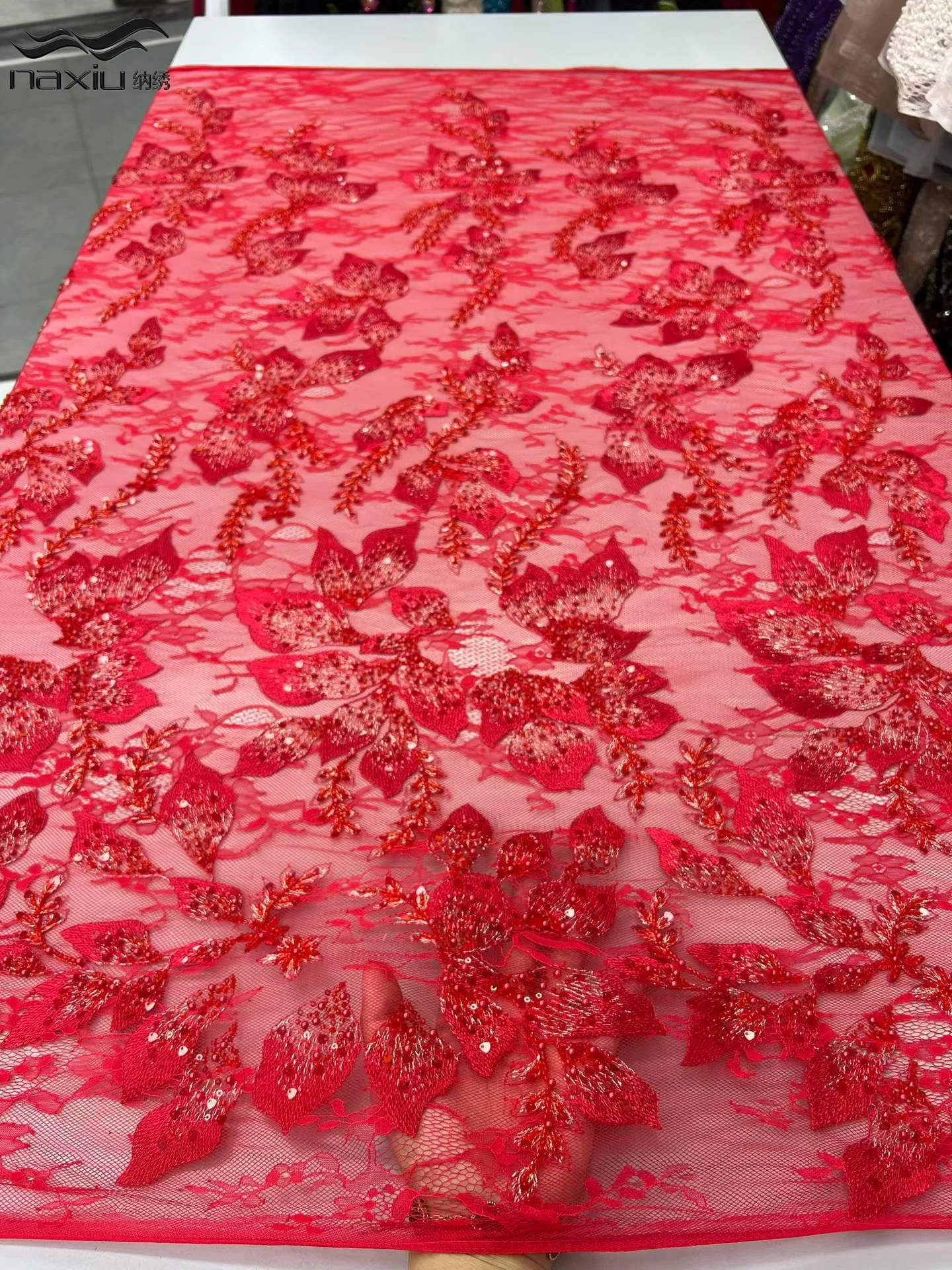 

Madison Luxury African French Tulle Hot Sale Red Lace Fabric Beads Embroidery Elegant Nigerian Bridal for Wedding Party Dress