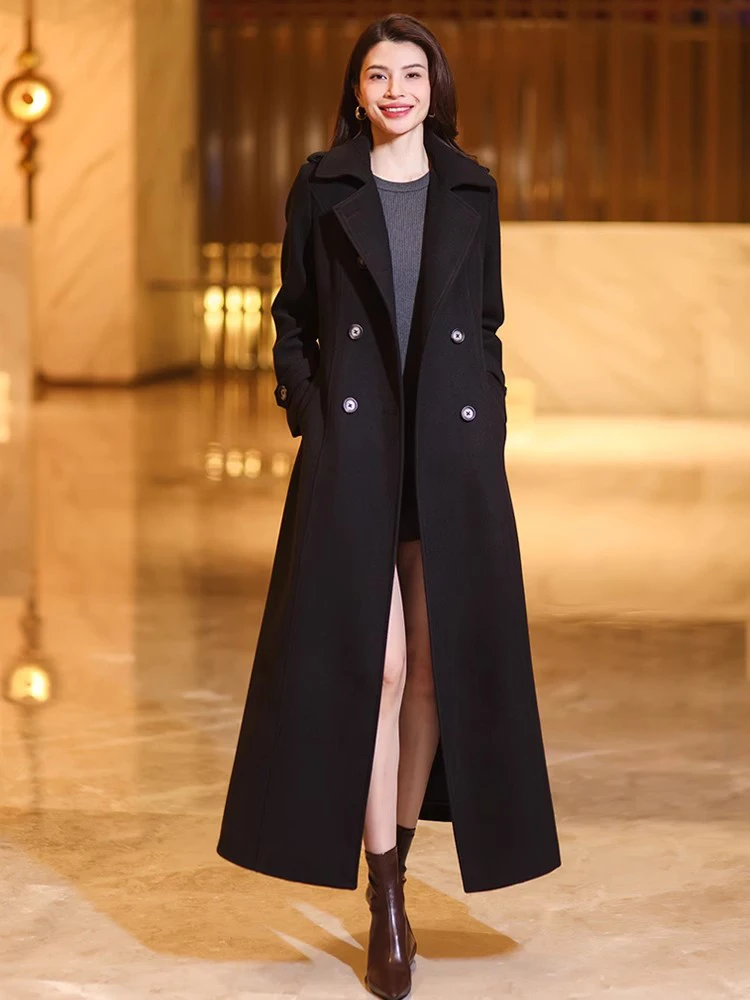 New Women Autumn Winter Classic Long Black Wool Coat Fashion Turn-down Collar Double Breasted Slim Wool Blended Overcoat