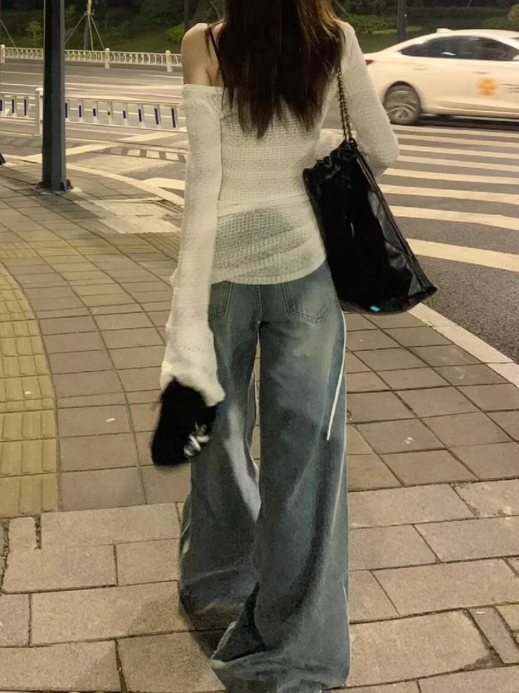 

Baggy Trousers Woman Women Jeans High Waisted Stacked Ruffle Pleated Draped Split Slit Asymmetric Detail Side Female Denim