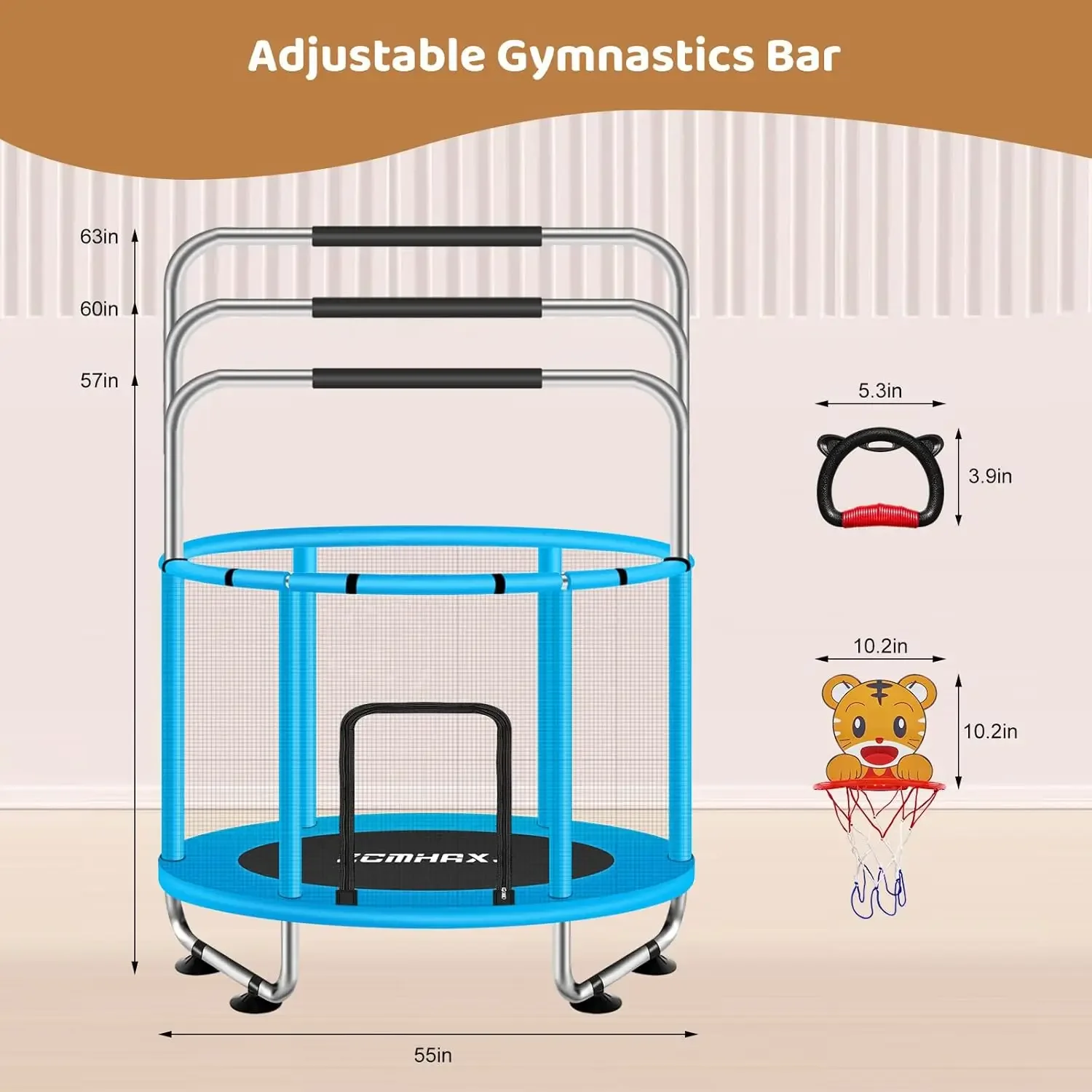 Trampolim para crianças, criança de 55" interna e externa, bebê de 440 libras de capacidade com gabinete, mini