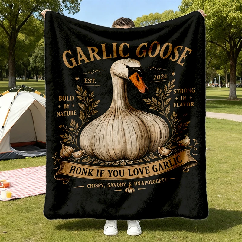 Garlic Goose Vintage Washed Flannel Blanket, Funny Garlic Lover Graphic Flannel Throw