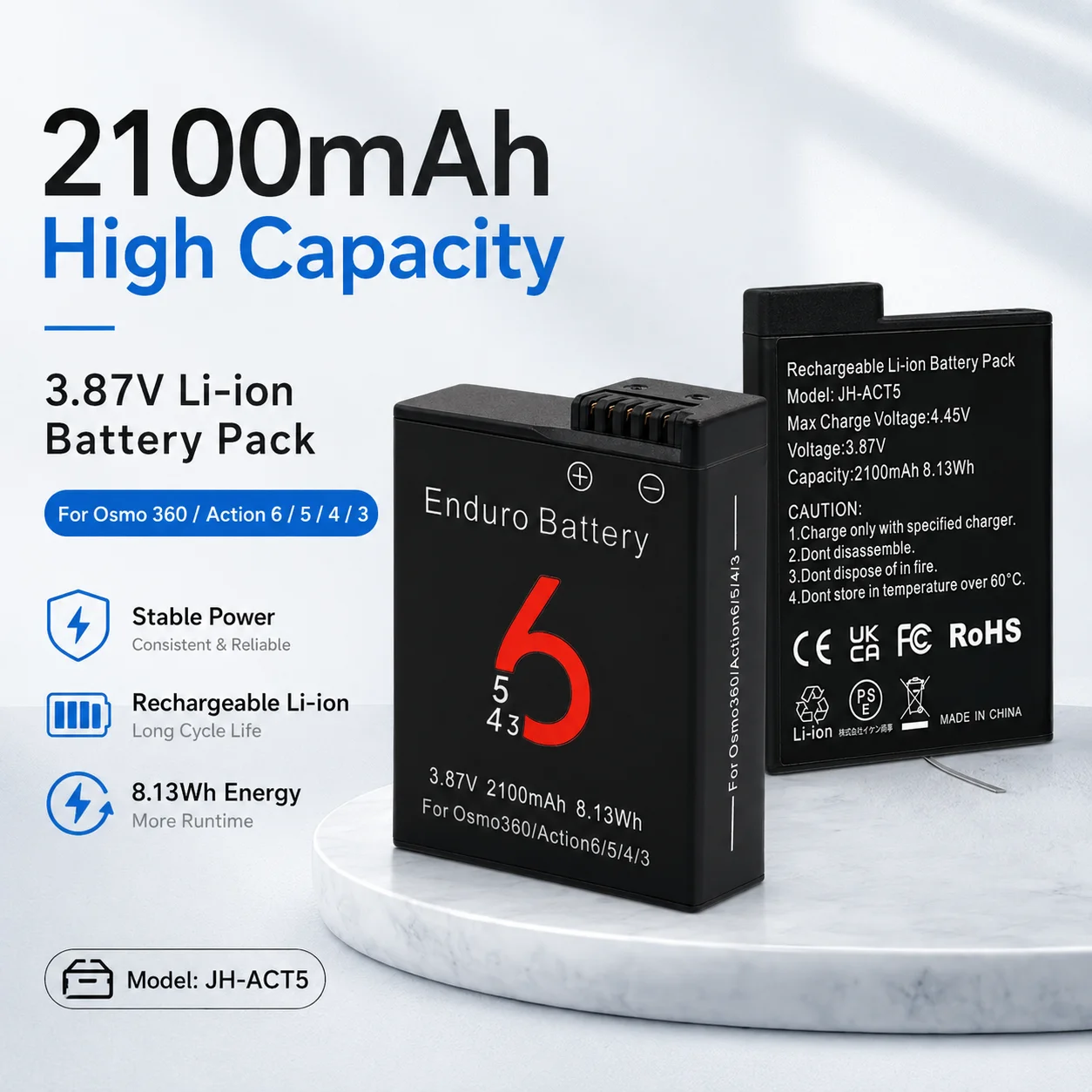 

2100mAh Safe Stable Replacement Battery for DJI Osmo Action 6 5 Pro 4 3 with LED 3-Slot Charger No Popup
