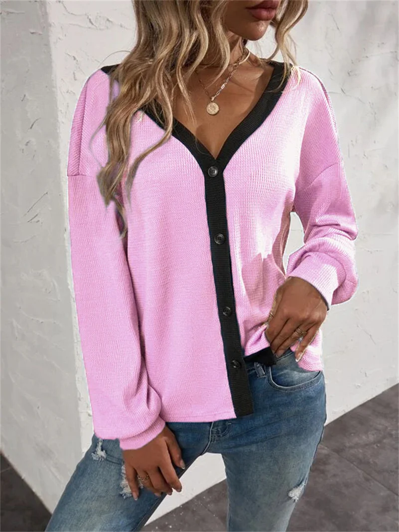 Waffle Button Cardigan Women's T-Shirt 2022 Autumn Fashion Solid Color Knitted Tops Casual Loose Dropped Shoulder Sleeves Clothe
