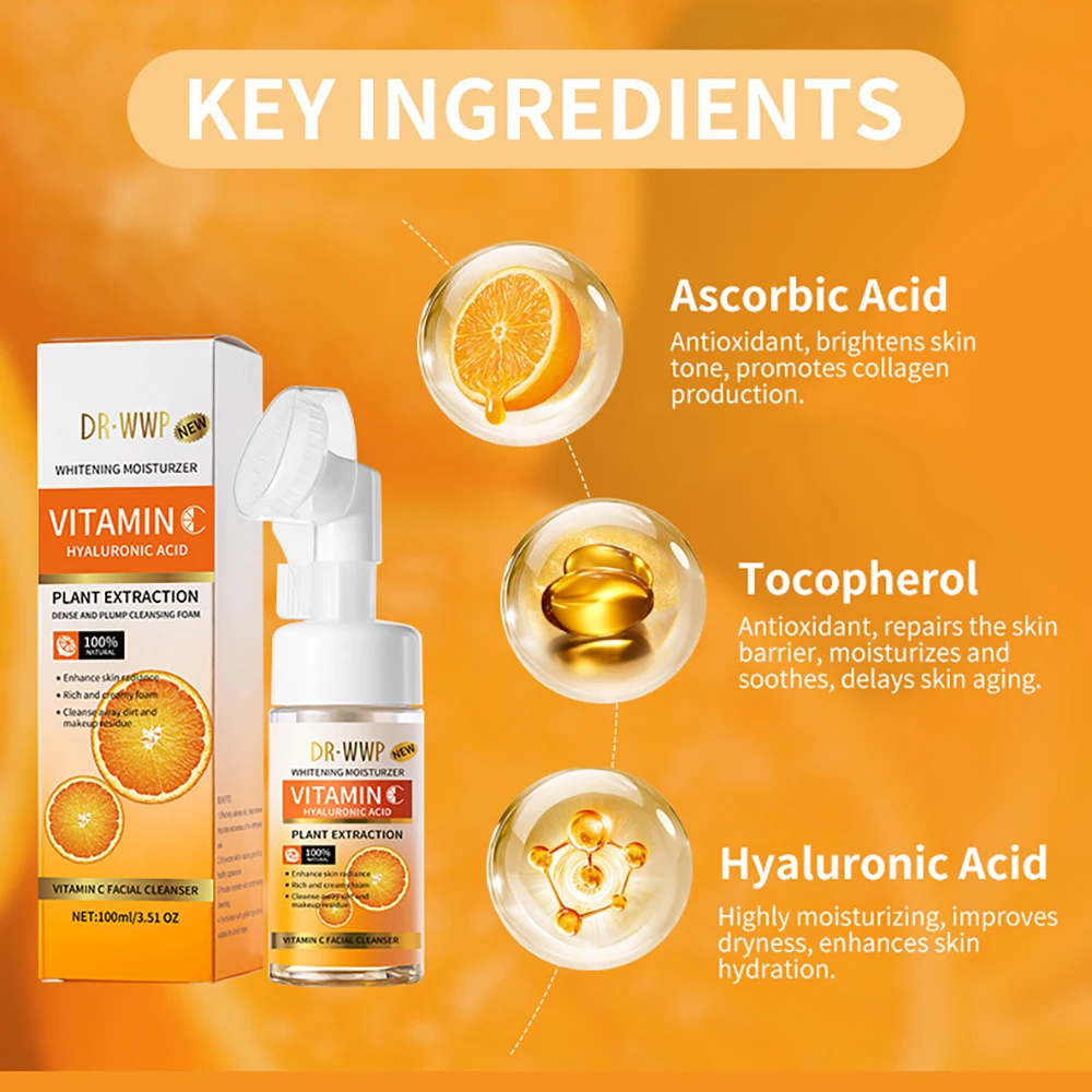 

Vitamin C Facial Cleanser Mousse Moisturizing Cleanser Massage Head Deep Cleaning Oil Control Fining Pores Repair Face Skin Care