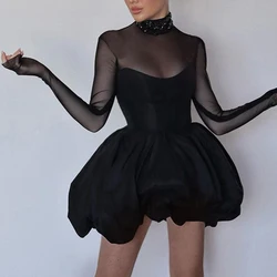 Talenza Black Mesh Sexy Mini Dress Female High Waisted Sheer Long Sleeve Patchwork A-Line Short Dress Luxury Party Evening Dress