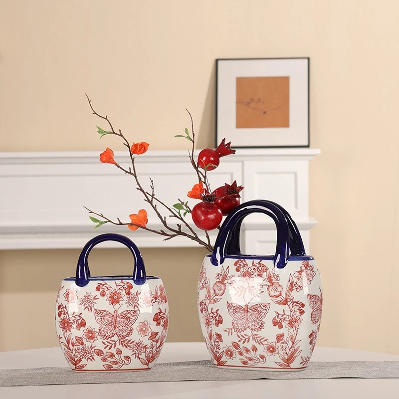 中国風のレトロな陶器の花瓶バッグ型の花瓶手作り手描き工芸品セラミックボトル植木鉢花瓶ポット