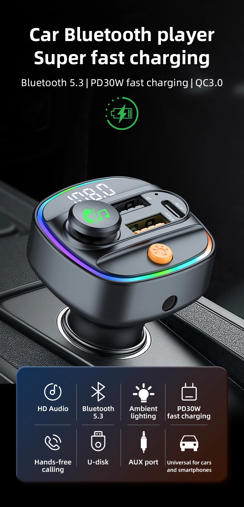 Bluetooth 5.4 FM-Transmitter, Freisprecheinrichtung, Auto-AUX-Radio-Modulator, MP3-Player mit 22,5 W und PD30 W Schnellladeadapter, Autozubehör – Detail 1