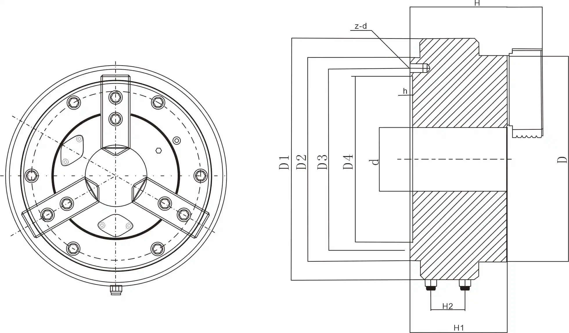 Hot selling front mounted 3 jaw lathe chuck pneumatic chuck front-load pneumatic lathe collet chuck