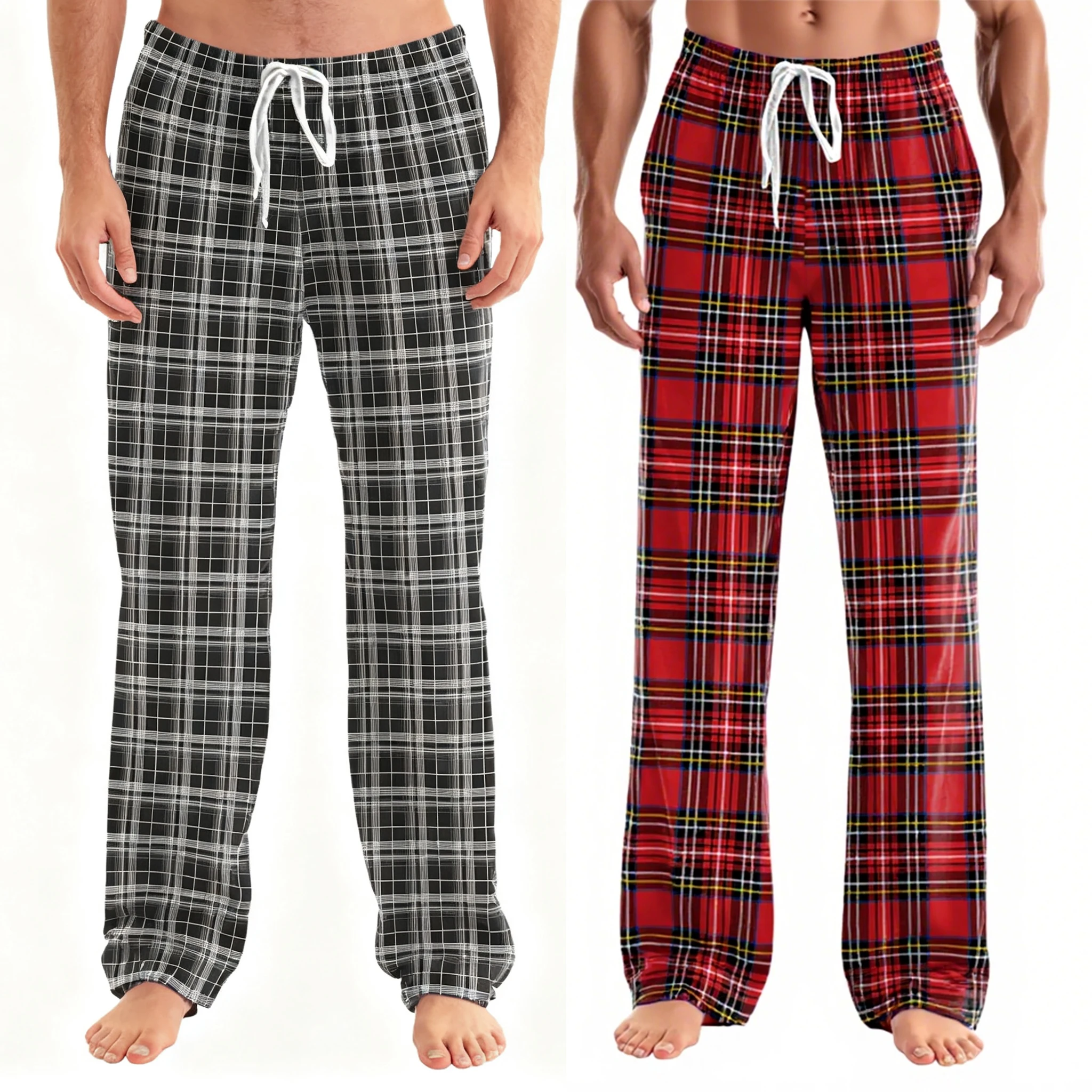 Mens Lightweight Plaid Pajama Pants (Red/Black) - Sleep & Lounge Bottoms with Pockets, Christmas New Fly & Drawstring