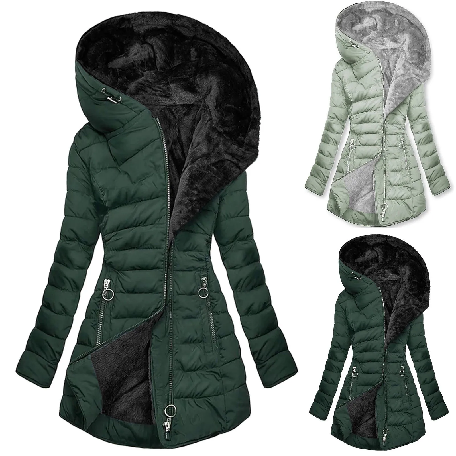 Zipper Slim-Fitting Parkas Cotton-Padded Jacket Trend Winter Warm Fur Collar Parkas Clothes Women\'s Long-Sleeve Hooded Coats