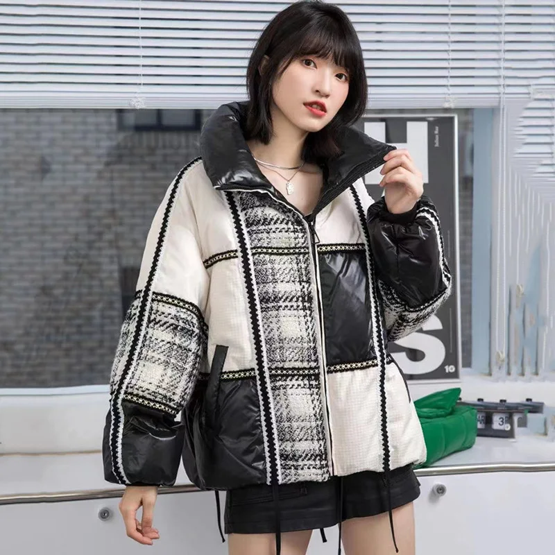 2023 New Winter Women Woolen Stitching 90% White Duck Down Coat Loose Warm Puffer Jacket Female Short Parkas Snow Outwear