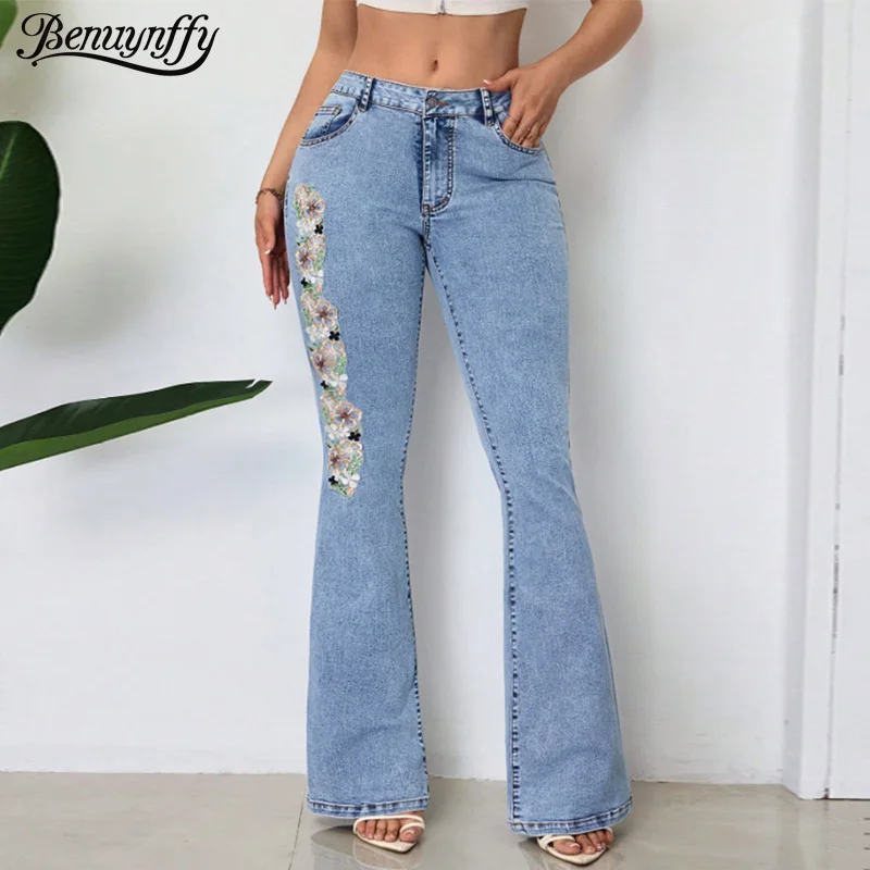 

Benuynffy Embroidery Retro Low-rise Flared Jeans Women's Fashion 2025 Summer Autumn Elastic Casual Slim Bell Bottom Denim Pants