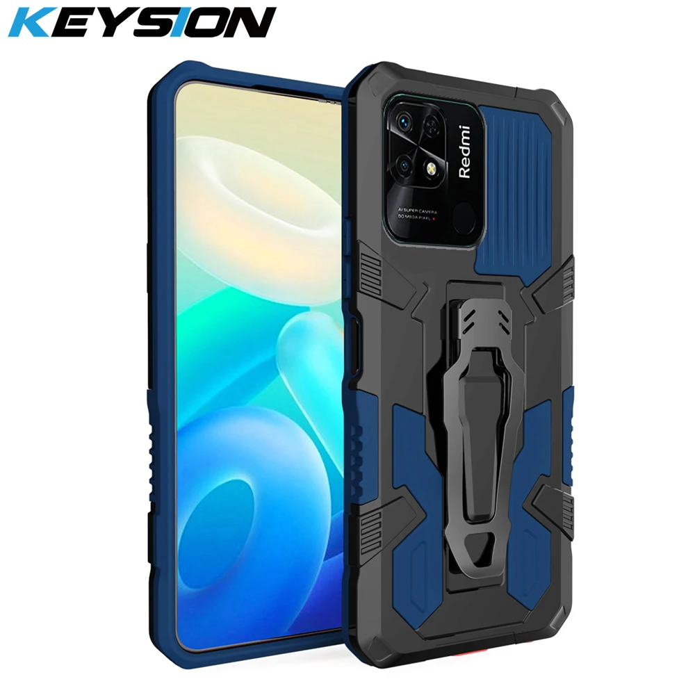 KEYSION Shockproof Armor Case for Xiaomi Redmi 10C 9C 10A Soft Silicone + PC Metal Stand Back Clip Phone Cover for Redmi 10 2022