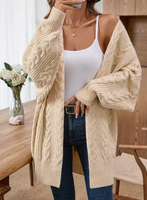 

Autumn and Winter New Mid Length Knitted Cardigan Retro Fashion Thick Loose Fried Dough Twisted Sweater