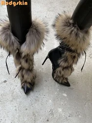 Sexy Faux Fur Strappy Boots Solid Pointed Toe Lace-up Stiletto Knee-high Boots Thin Heels 2025 Autumn New Women Fashion Shoes