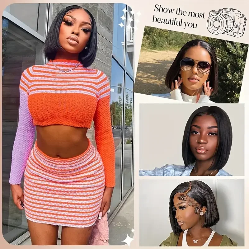 13x4 Short Straight Bob Wig Human Lace Transparent 180%Density Frontal Hair Bob Wig PrePlucked Lace Front Human Hair Wigs 14Inch