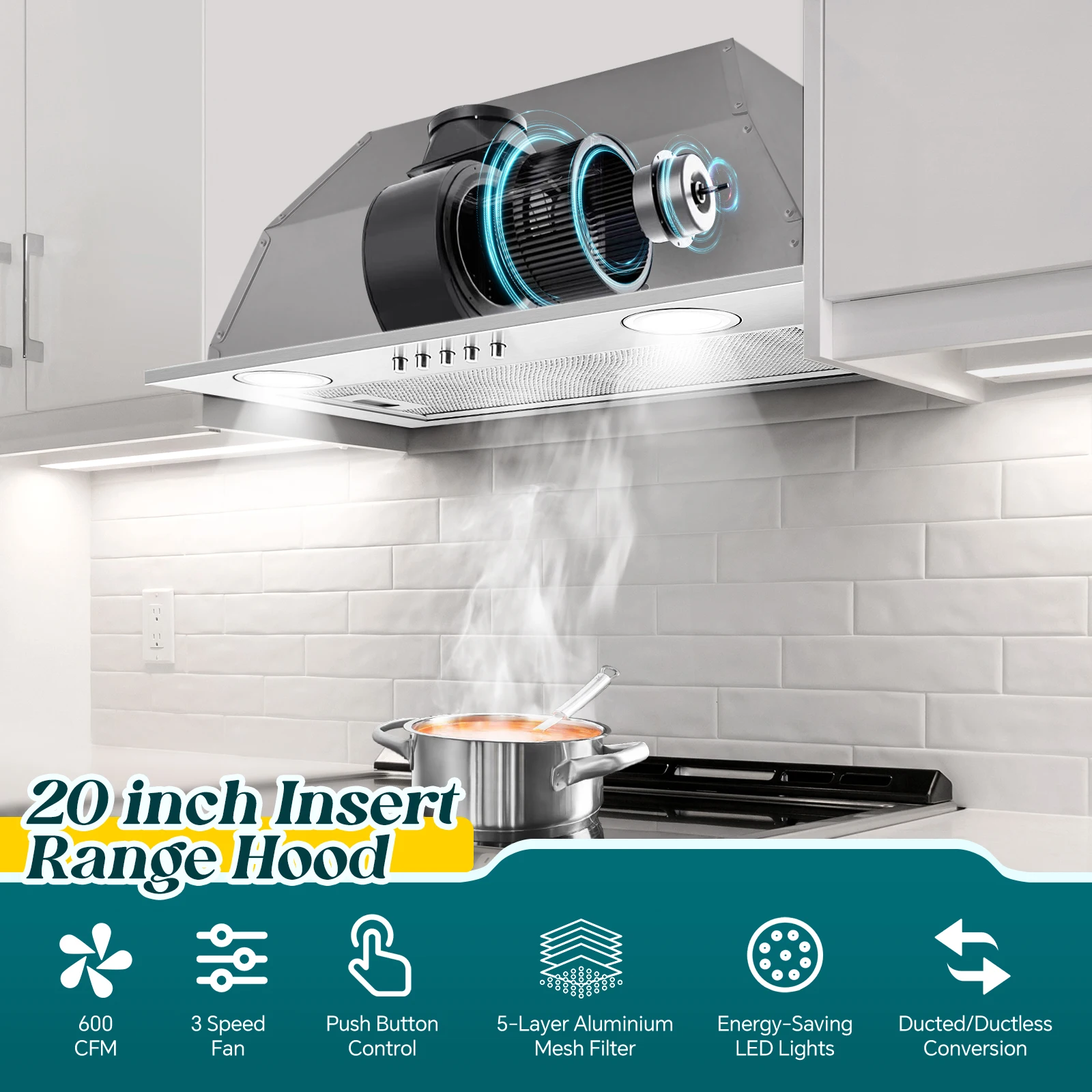 Insert 20 Inch 600CFM Range Hood Stainless Steel Push Button Control 3-Speed/Ducted/Ductless 5-Layer Filter & LED Lighting
