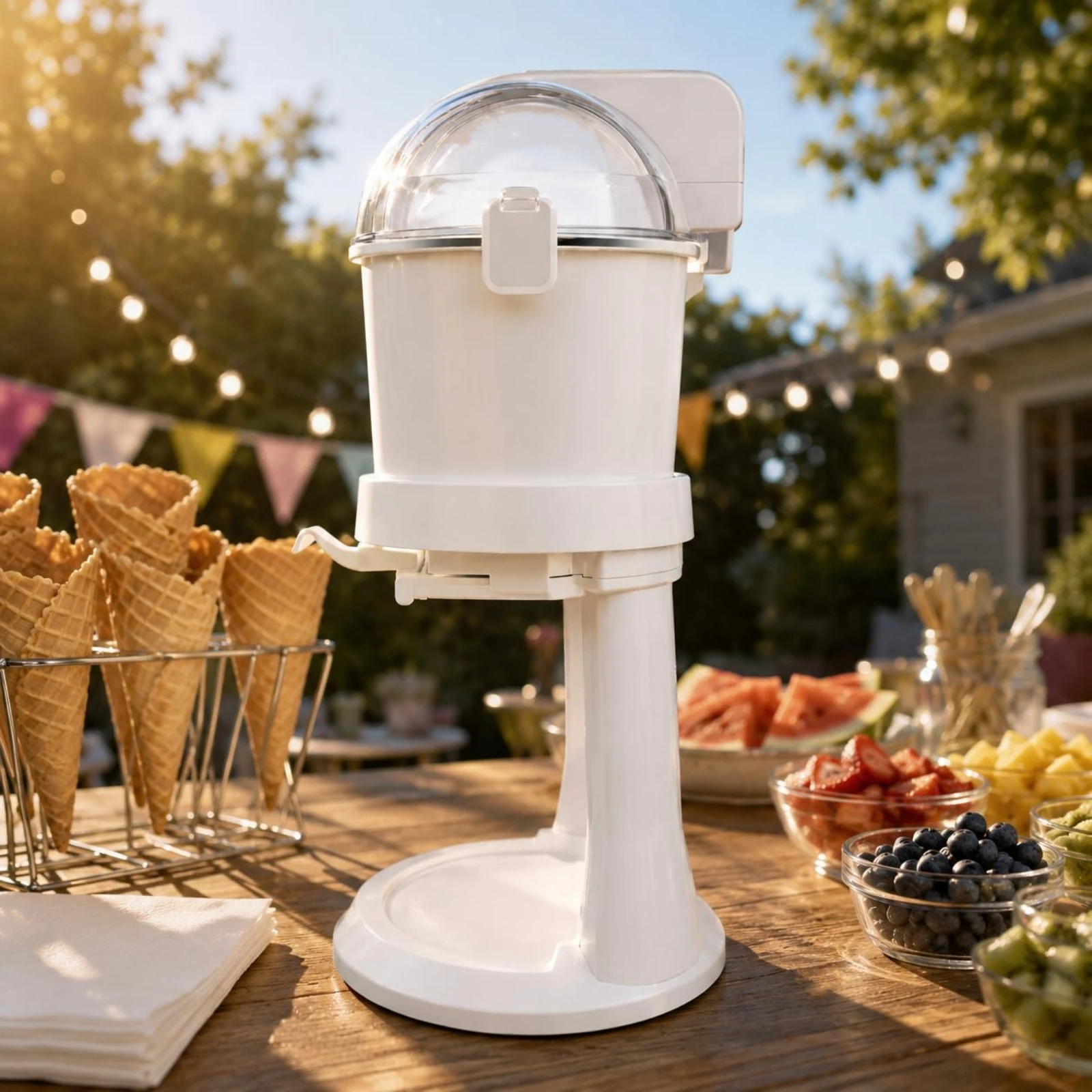 Máquina de helados compacta blanca para encimera, electrodoméstico con tapa transparente y palanca dispensadora
