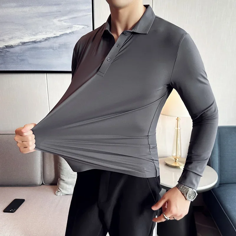 High Elasticity Men POLO Shirt 2023 Autumn Base Tops Ice Silk Fabric Solid Casual Long Sleeve POLO Shirt Casual Slim Fit T Shirt