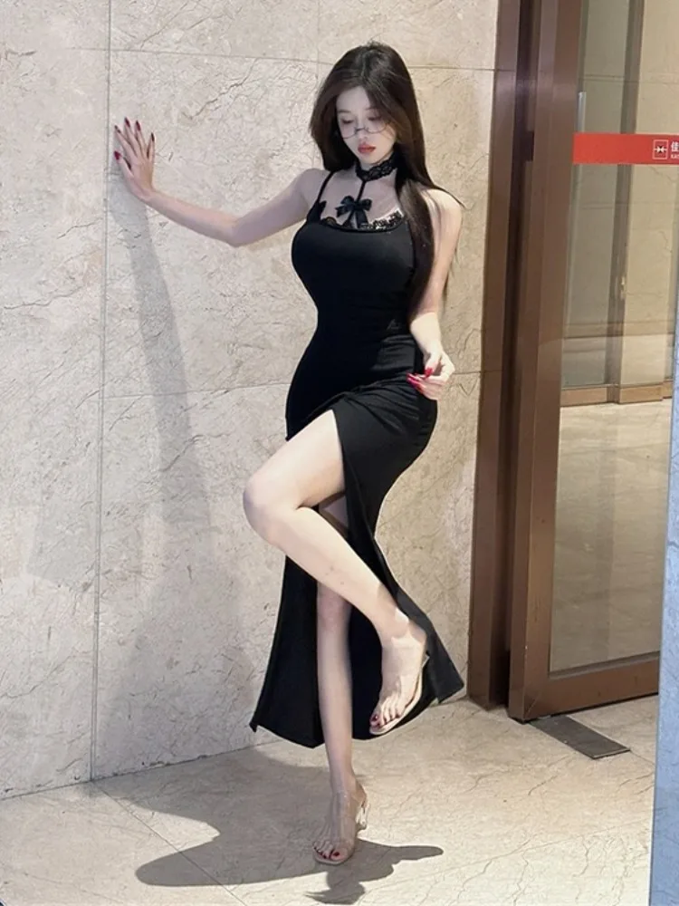 

Сексуальное женское вечернее платье с кружевной отделкой, легкое, с завязками на шее, длинное, маленького размера