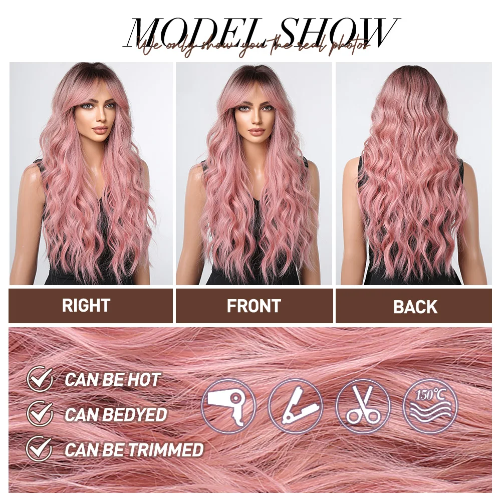 oneNonly Pink Wigs Long Wave Wigs with Bangs Cosplay Wig for Women Synthetic Wigs High Quality Party Natural Heat Resistant Hair