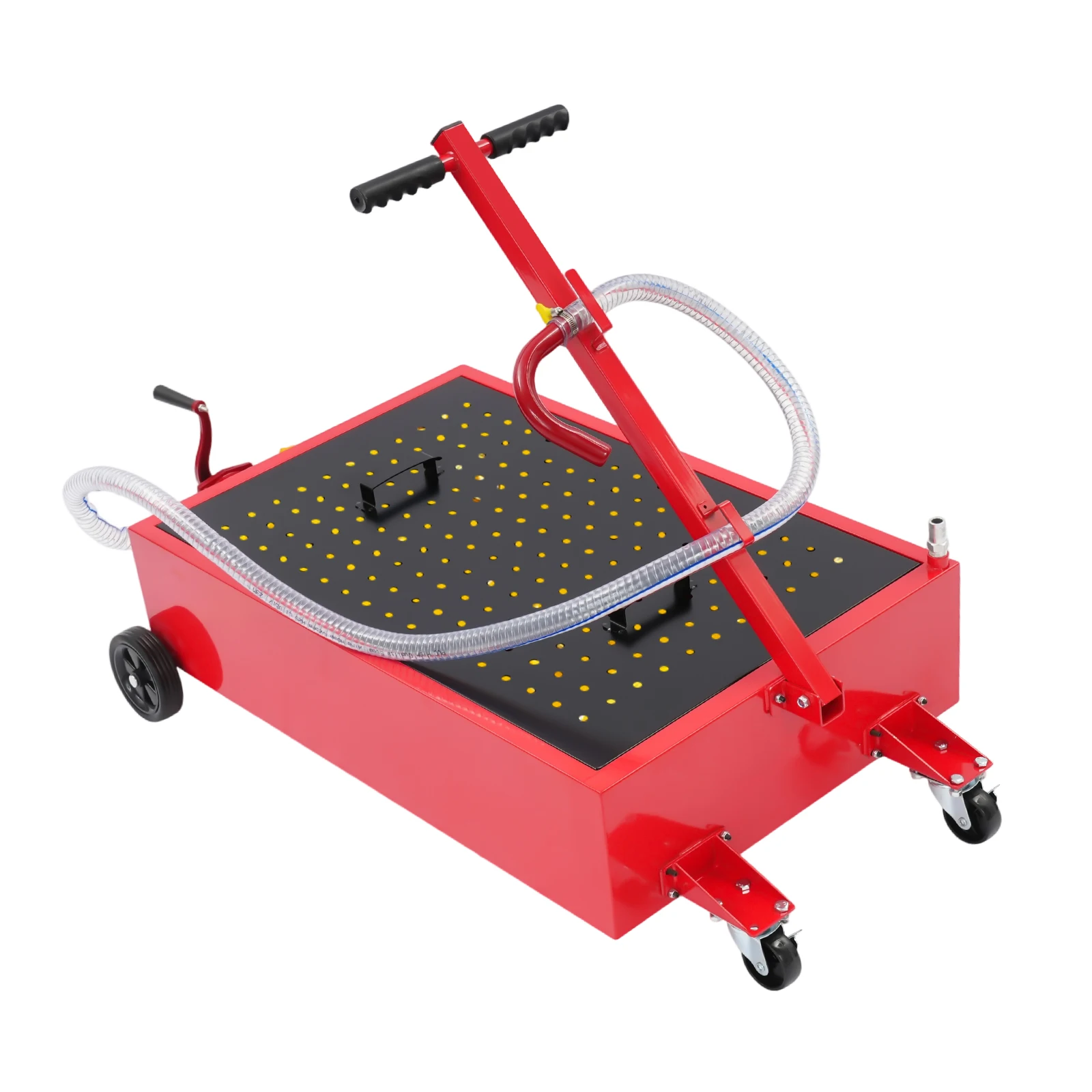 Red Oil Drain Pan 20 Gallon, Manual Rotary Pump Oil Drainer With 7.2ft Hose & 4 Wheels, 20gal Steel Waste Fluid Catch Tank for Car Truck SUV