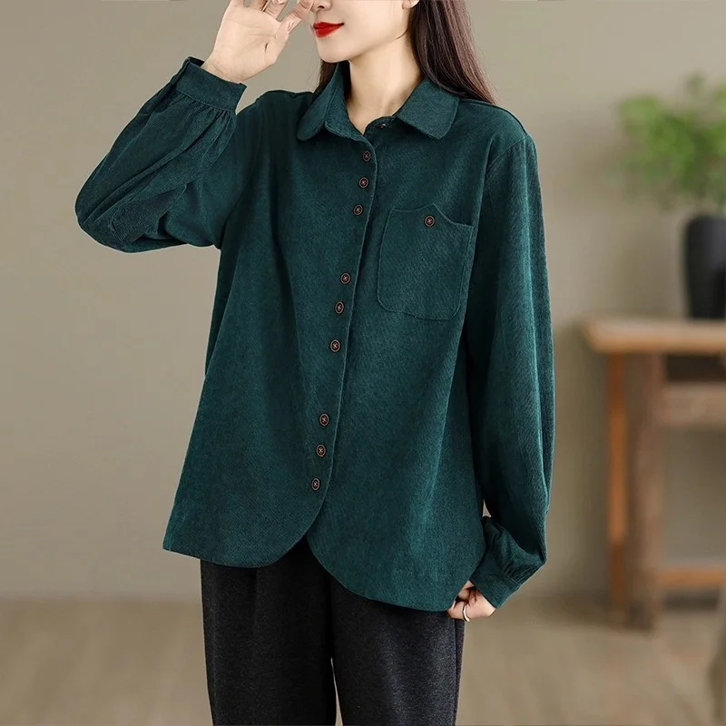 Corduroy Shirt Jacket For Women 2025 Simple Lapel Single Breasted Casual Loose Versatile Design Trendy Top w787 5