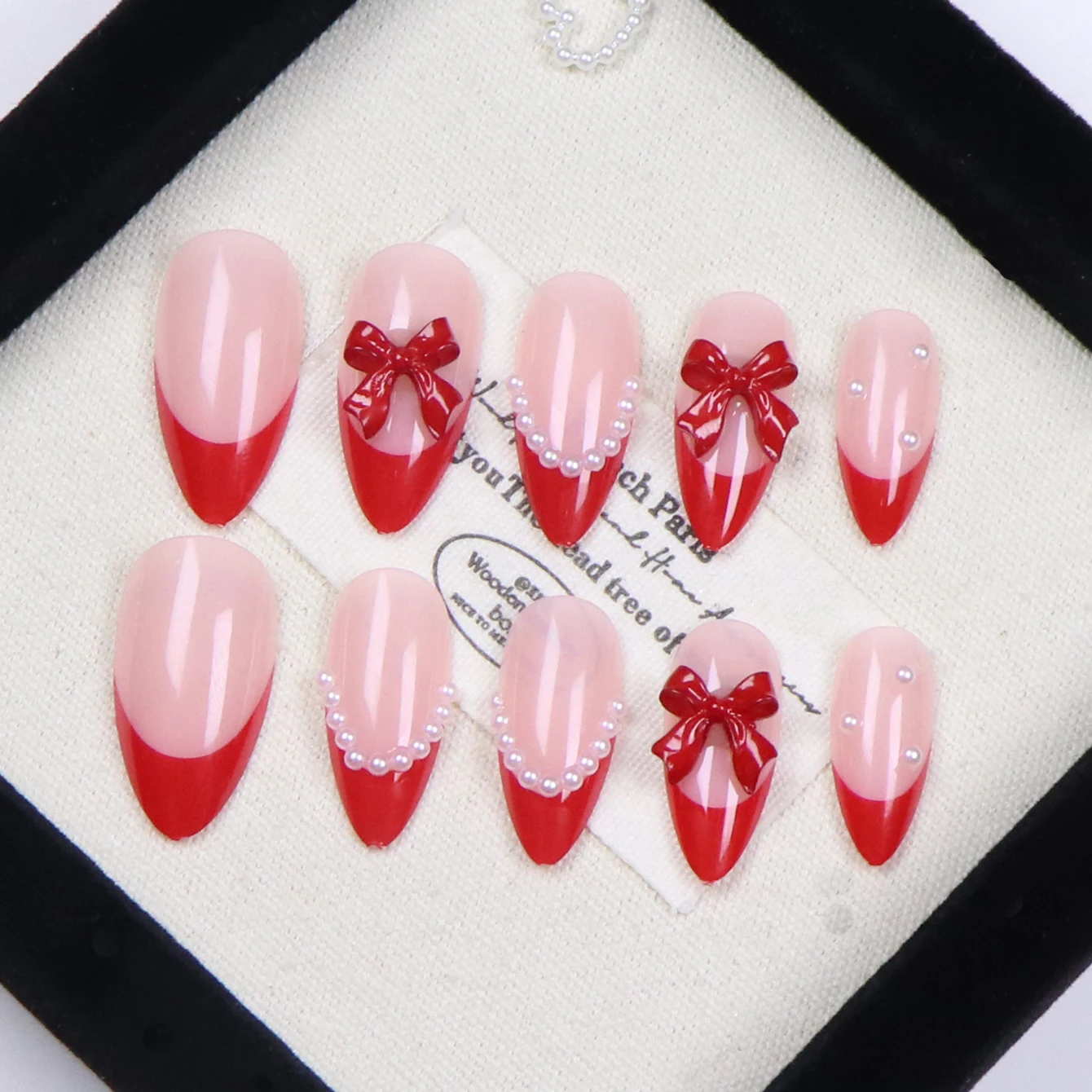24PCS French Almond Fake Nails With Red Bow And White Pearl Design, Fully Covered Acrylic Fake Nails For Women image 2