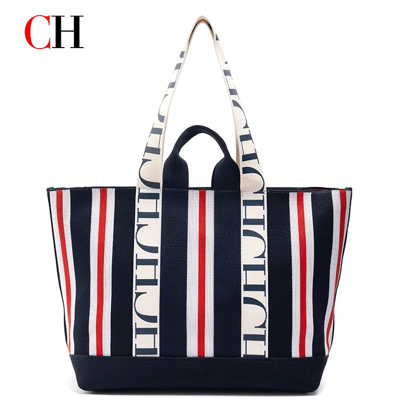 CH Women Striped Canvas Tote Bag With Letter Print Large Capacity Beach Shoulder Bag Casual Handbag With Top Handle