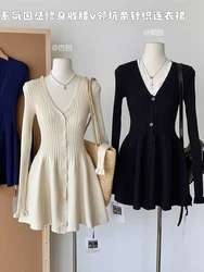 Winter Women French Vintage Dress Old Money Korean Midi Knitting Frocks Long Sleeve One-Piece 2000s V-Neck Coquette Elegant New
