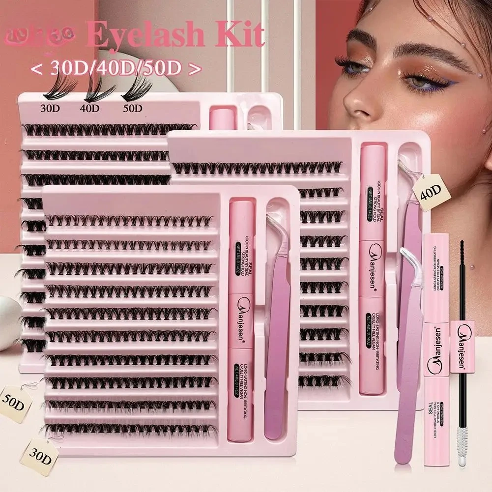 DIY Segmentierte Einzelwimpern-Verlängerungsset Natürliche Dichte Wimpernbüschel Kleber und Versiegelung mit Pinzette Make-up-Werkzeuge