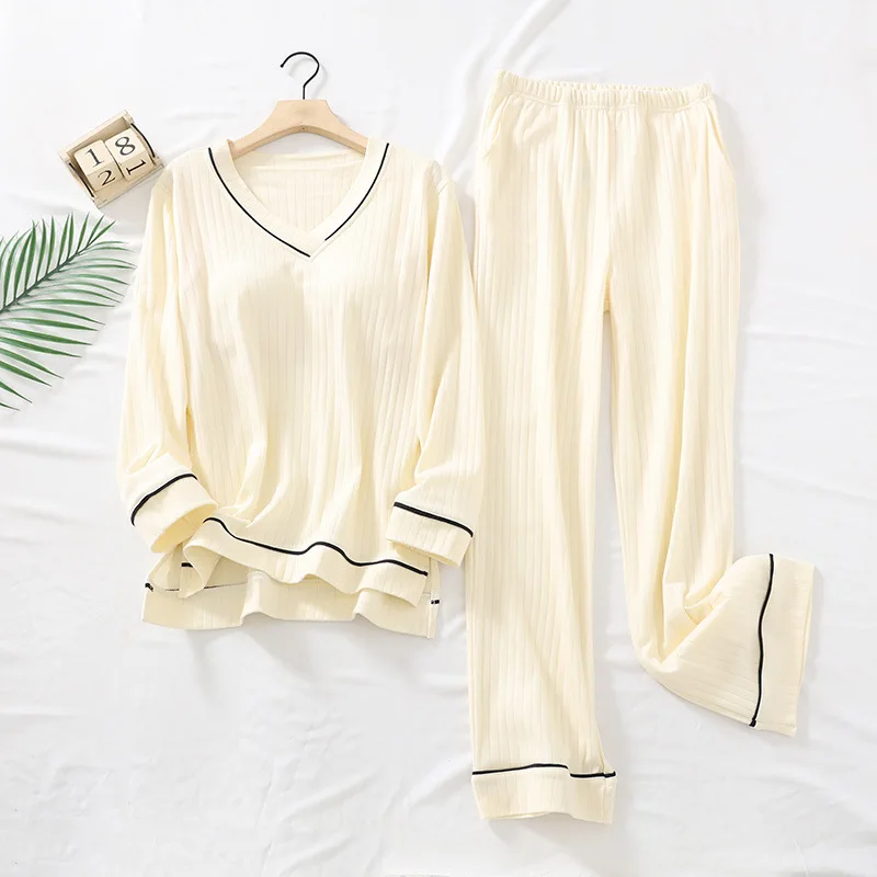 New Spring and Autumn Women\'s Pajamas Set V-Neck Cotton Thread Knitted Long Sleeve Pants Solid casual two-piece home clothes