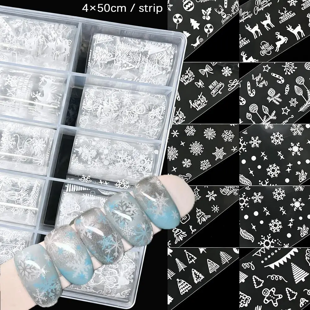 10Rolls Christmas Nail Foils Transfer Paper White Snowflakes Elk Gingerbread Xmas Tree Stickers for Winter Merry-Christmas Decor