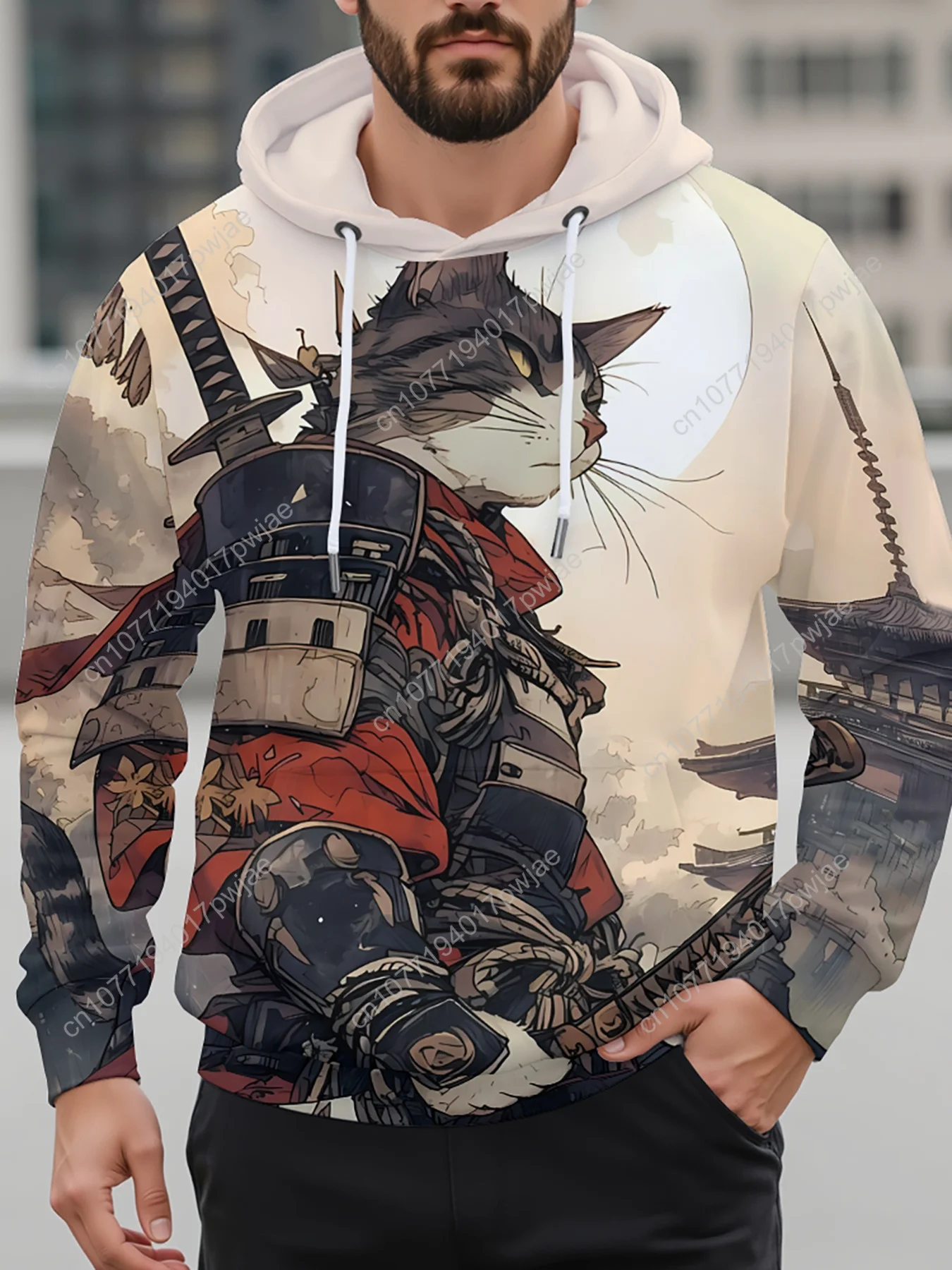 Sweat à capuche imprimé chat samouraï 3D pour hommes, 1 pièce, avec poche kangourou, sweat-shirt décontracté à manches longues en Polyester avec cordon de serrage, toutes saisons
