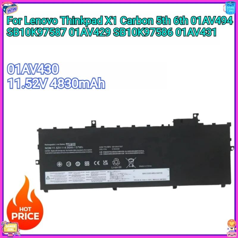 

New 01AV430 Replacement Battery FOR Lenovo Thinkpad X1 Carbon 5th 6th 01AV494 SB10K97587 01AV429 SB10K97586 01AV431 Li-Polymer
