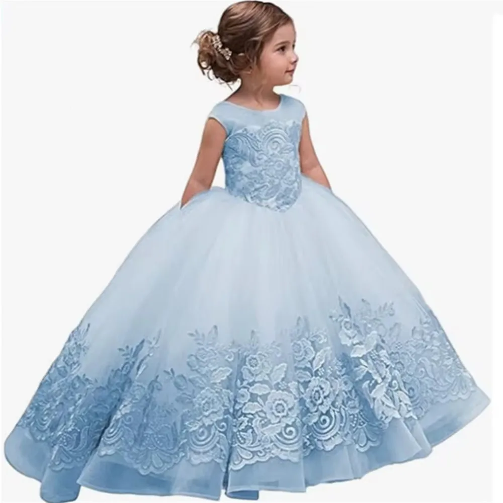Flower Girl Wedding Dress Sleeveless Appliques Lace with Bow Kids Bridesmaid Princess Birthday Party First Communion Ball Gown