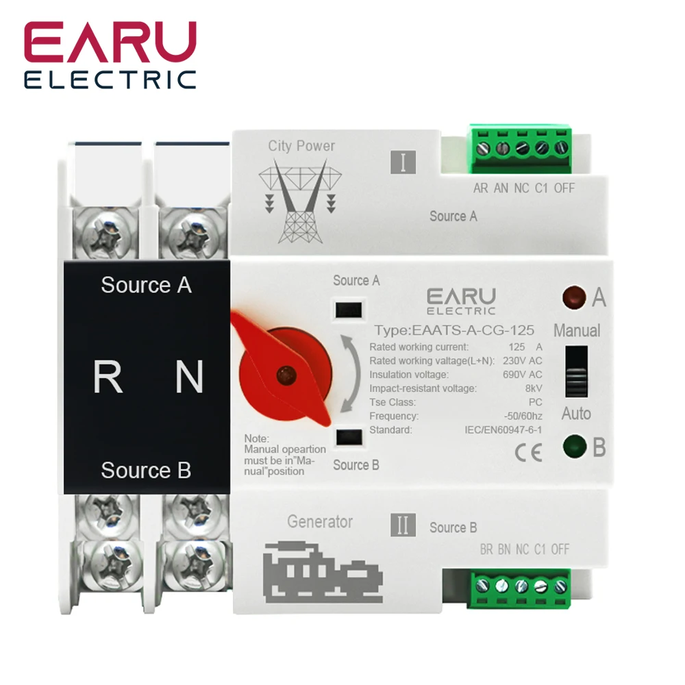 Single Phase Din Rail ATS for PV 2P 125A AC 230V Dual Power Automatic Transfer Electrical Selector Switches Uninterrupted Power