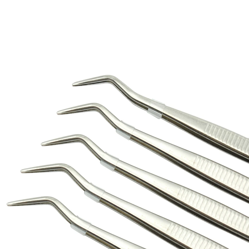 5pcs 16cm Stainless Steel Dental Tweezers Surgical Serrated Curved Tweezer Pincers Forcep Oral Care Dentist Lab Instrument Tools