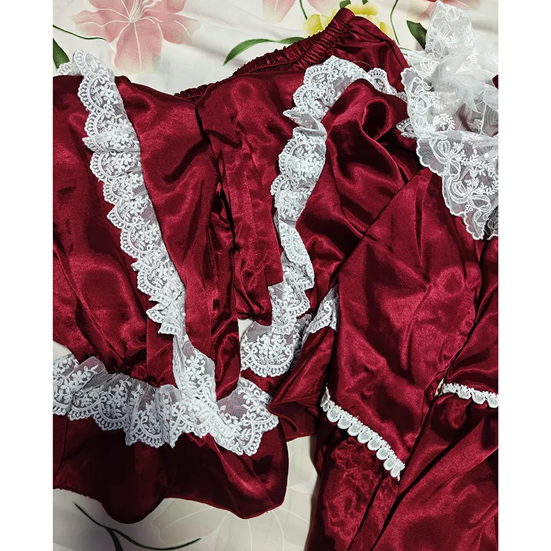 韓国ファッション女性のワインアイスシルク長袖プリンセスプラスサイズホーム服パジャマセットレースサテンフレア袖