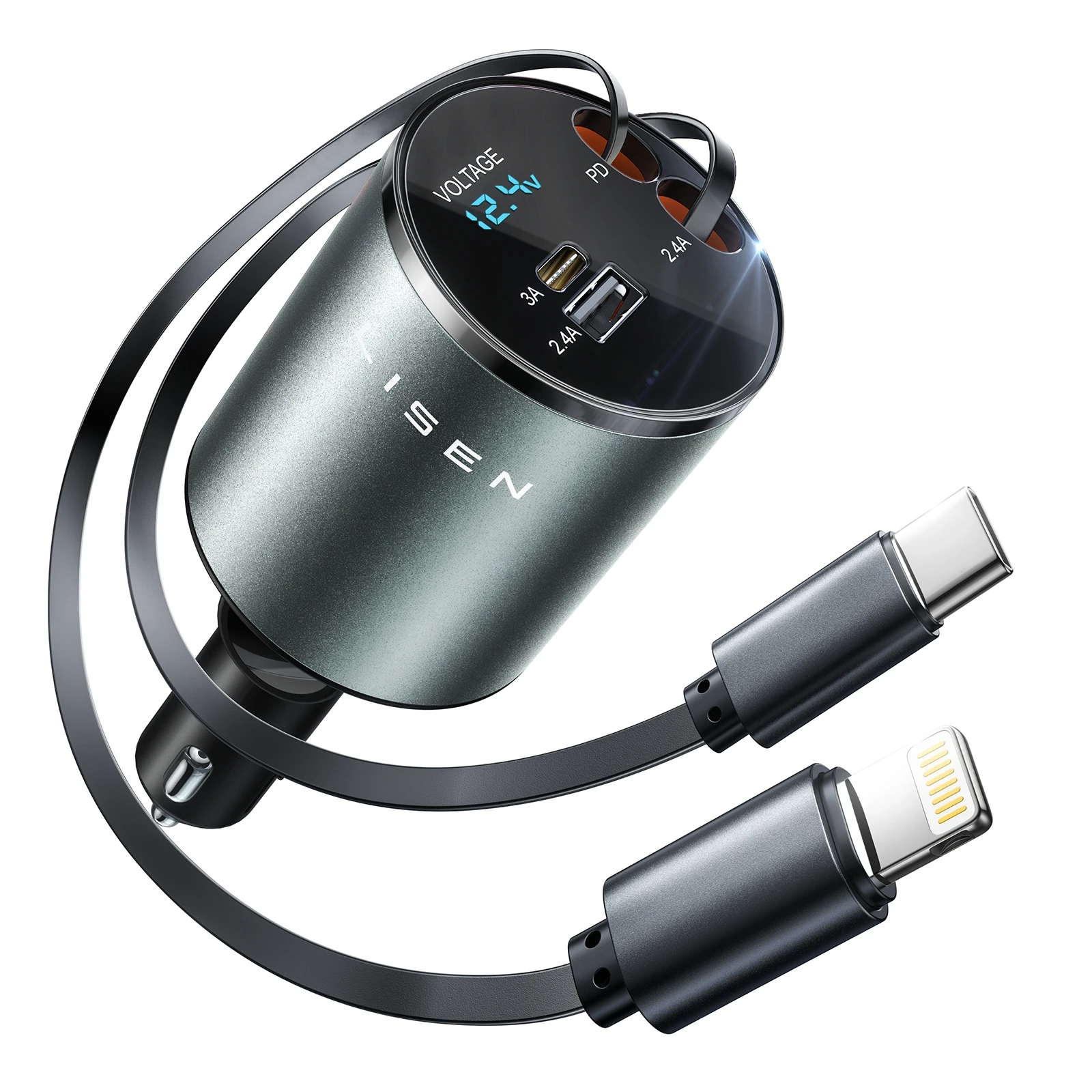 Lisen 2024 Hot selling 4 in 1 Retractable Car Charger 80 cm  PD USB C 69W Fast Charge Car Phone Charger