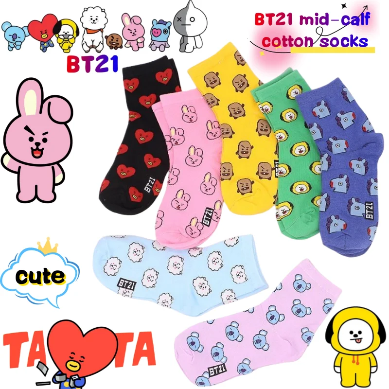 BT21 Koya RJ Cooky Shooky Tata mid-calf socks creative high-fashion anime cartoon print couple autumn and winter warm long socks