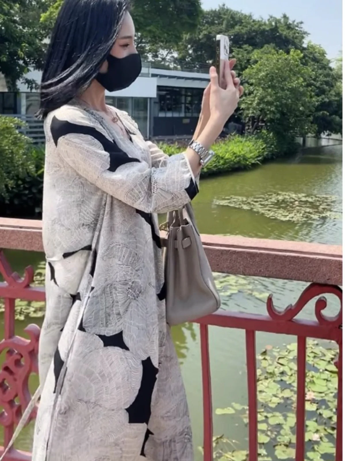 Retro Water-Media Stampa Cotone-Lino Lungo Dr Donna Allentato Dimagrante Leggero V-Ne A-Line Estate Dr