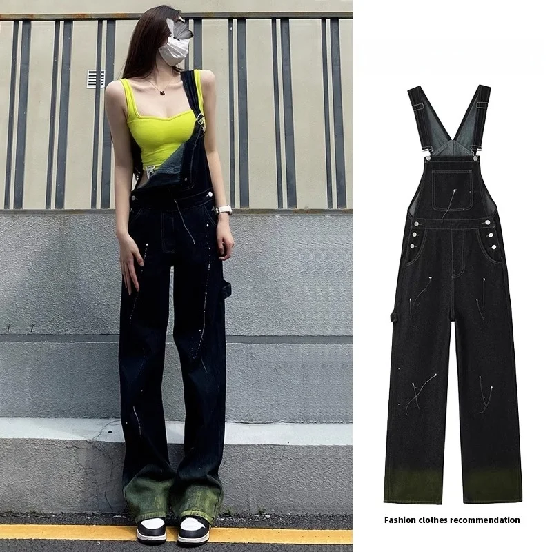 

Slimming American Sle Splaed Ink Denim Overalls Women's Spring Autumn Loose Fit High Waist Long Pants Casual Jeans