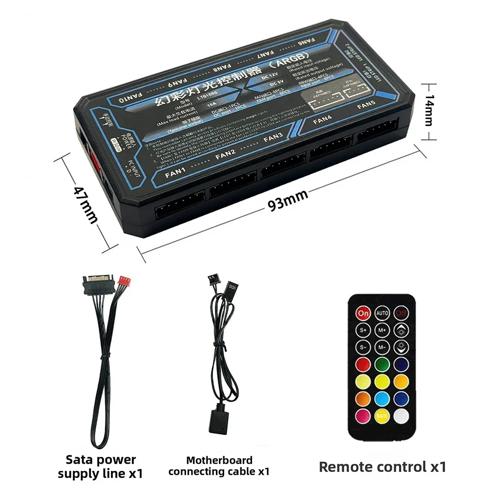 Computer Case Fan RGB Hub Wireless Remote Control Computer Case Fan RGB Hub With 6-Pin Interface 10 Fan And 2 LED Strip Ports