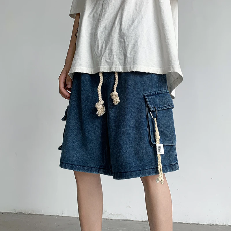 American Retro Drawstring Workwear Denim Shorts Men Summer Thin Loose Teenage Five-Point Trendy Large Size Straight Leg Jeans