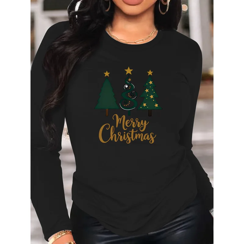 Merry Christmas Themed Printed T-Shirt,  Letter Print T-Shirt, Women's Long Sleeve Crew Neck Casual Top