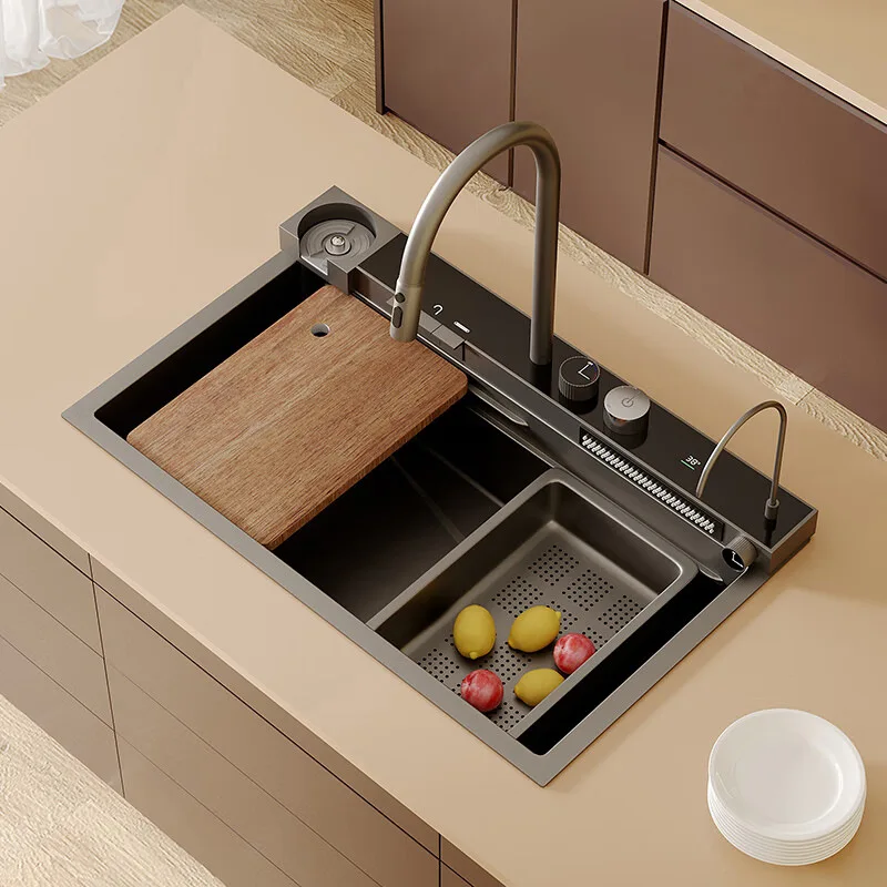 TOP1 Multifunction Black Undermount Modern Waterfall Smart Kitchen Sinks Stainless Steel Modern Pull Out Kitchen Sinks