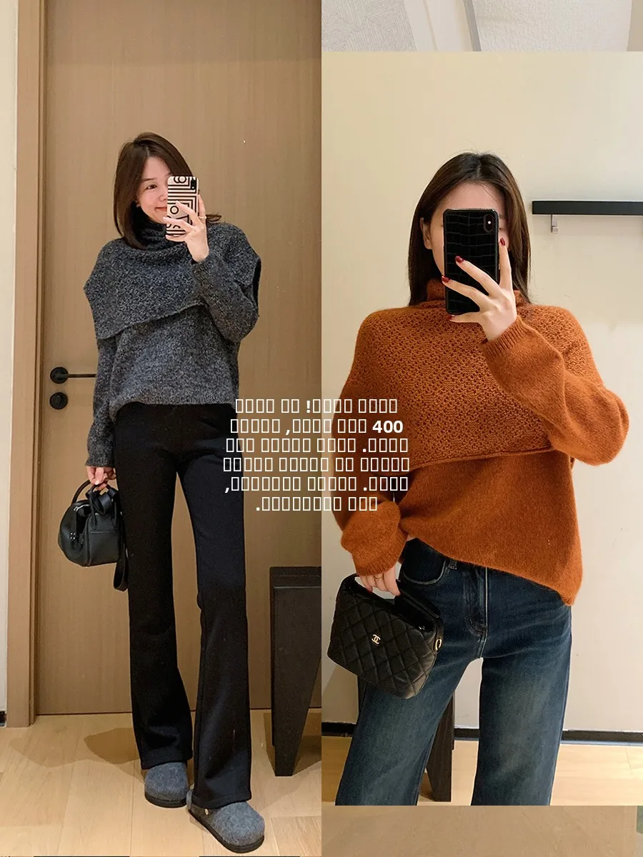 

Detachable Scarf Knitted Sweater Two-Piece Set Warm Alpaca Wool Rabbit Fur Casual Loose Fit Long Sve Thermal Women's Wear